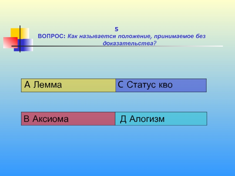 Какое положение из названных. Как называется это положение?. Доказываемое положение называется. Что такое положение принимаемое без доказательств.