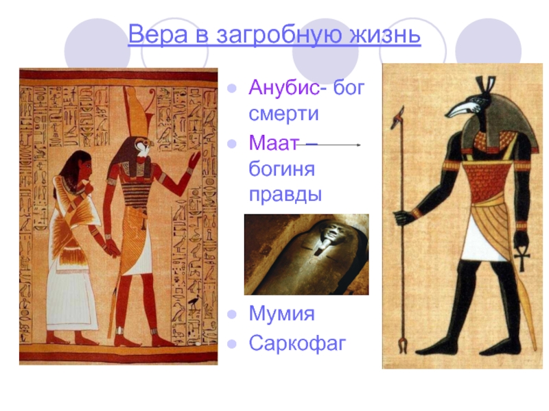 Вера в загробную жизньАнубис- бог смерти Маат – богиня правдыМумияСаркофаг
