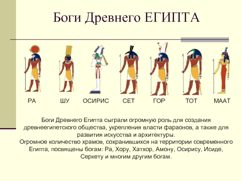 Боги Древнего ЕГИПТАРАШУОСИРИССЕТГОРТОТМААТБоги Древнего Египта сыграли огромную роль для создания древнеегипетского общества, укрепления власти фараонов, а также