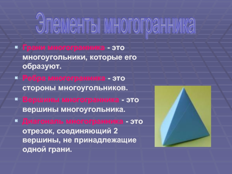 Грани многогранника - это многоугольники, которые его образуют.Ребра многогранника - это стороны многоугольников. Вершины многогранника - это