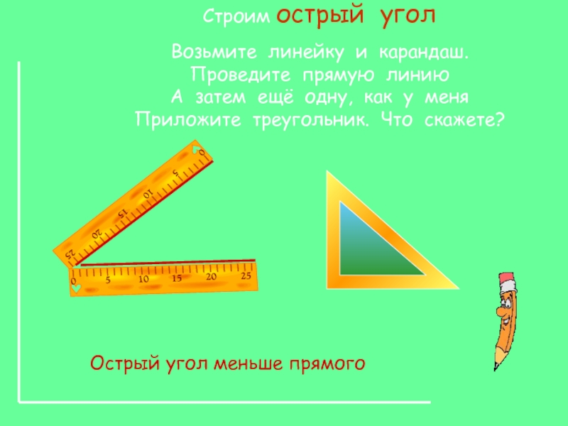 Острая линейка. Линейка с прямым углом. Острый угол меньше прямого. Линейка треугольник с острыми углами. Острые углы прямого треугольника.