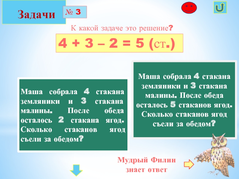 Задачи № 3К какой задаче это решение?4 + 3 – 2 = 5 (ст.)Маша собрала 4