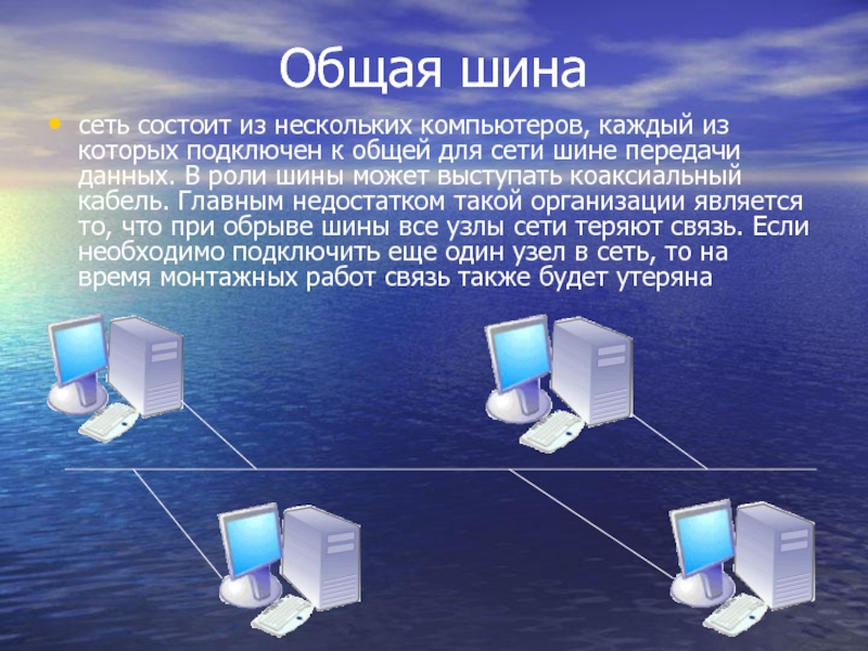Общая шинасеть состоит из нескольких компьютеров, каждый из которых подключен к общей для сети шине передачи данных.