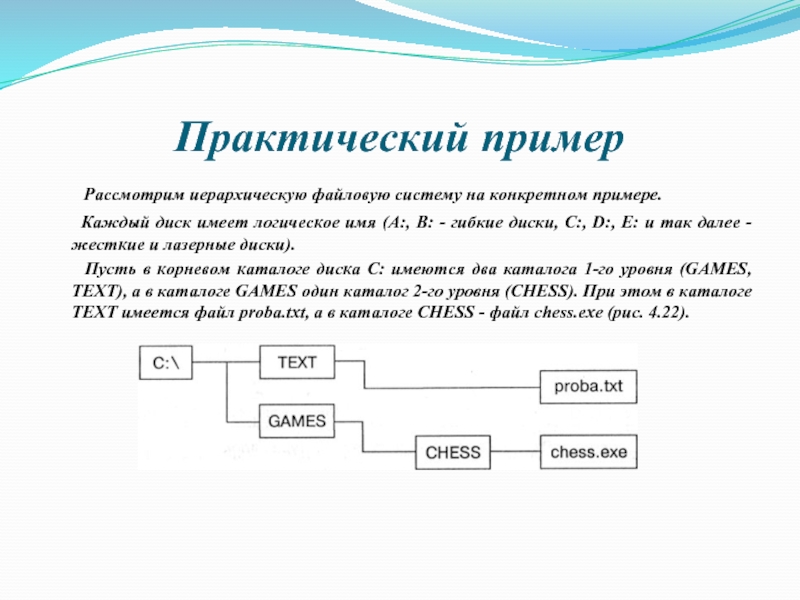 На примере конкретных примеров покажите. Пример иерархической файловой структуры. Иерархическая файловая система практическая. Рассмотрим иерархическую файловую систему на конк. Практический пример.