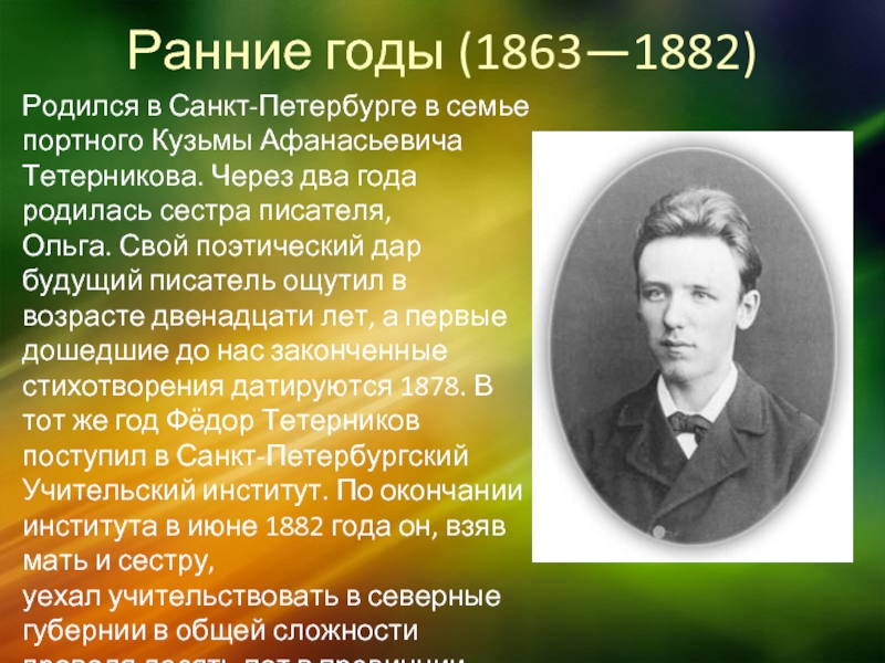 Какие поэты родились в воронеже. Сологуб поэт. Кузьмы Афанасьевича Тетерникова. Писатели родившиеся в Санкт-Петербурге.