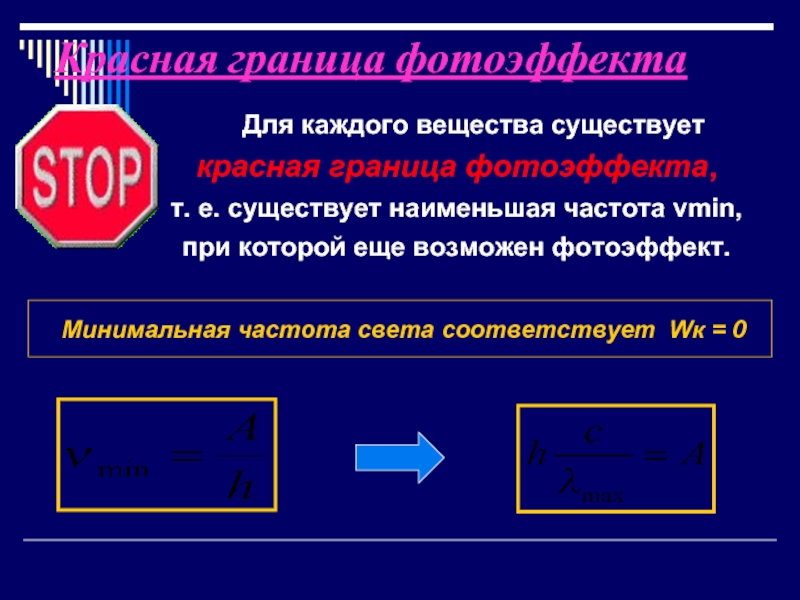 Красная граница. Частота красной границы фотоэффекта. Минимальная частота при которой возможен фотоэффект. Существование красной границы фотоэффекта. Минимальная частота фотоэффекта.