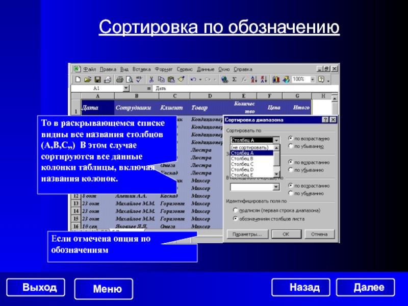 Сортировка колонок таблицы. Раскрывающийся список в POWERPOINT. Заголовки Столбцов называются:. Маркировка пунктов списка на слайде.