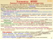 ЯП-алфавит Типы данных выражения операции 