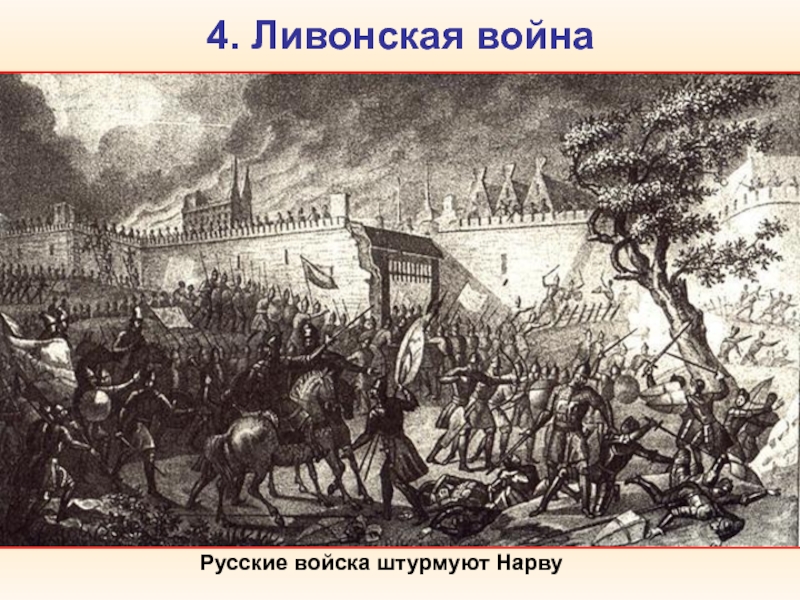 4. Ливонская война  Ливо́нская война́ (1558-1583) велась Царством Русским за территории в Прибалтике и выход к
