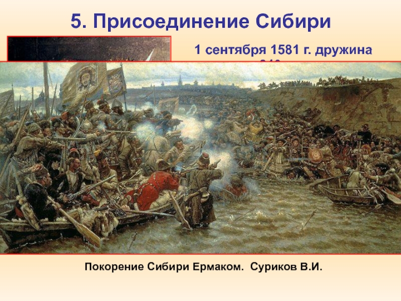 5. Присоединение Сибири 1 сентября 1581 г. дружина казаков 840 человек под командой Ермака, выступила в поход
