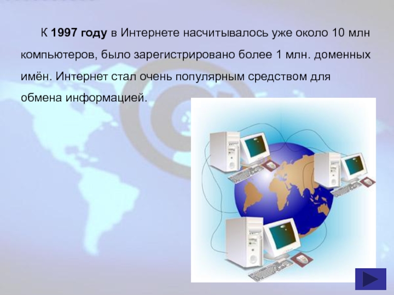 К 1997 году в Интернете насчитывалось уже около 10 млн компьютеров, было зарегистрировано более 1 млн. доменных имён. Интернет