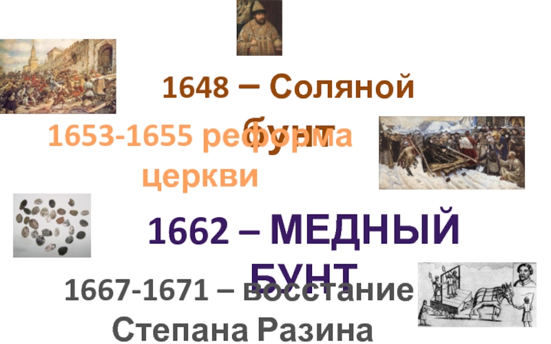 1648 – Соляной бунт1653-1655 реформа церкви1662 – Медный бунт1667-1671 – восстание Степана Разина
