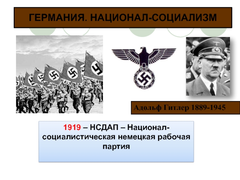 ГЕРМАНИЯ. НАЦИОНАЛ-СОЦИАЛИЗМАдольф Гитлер 1889-19451919 – НСДАП – Национал-социалистическая немецкая рабочая партия