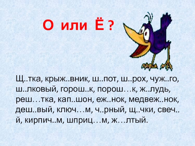 Ш пот. Щ...тка. Ш У тка. Ш_рох. Е, Ё или о? Еж НОК.