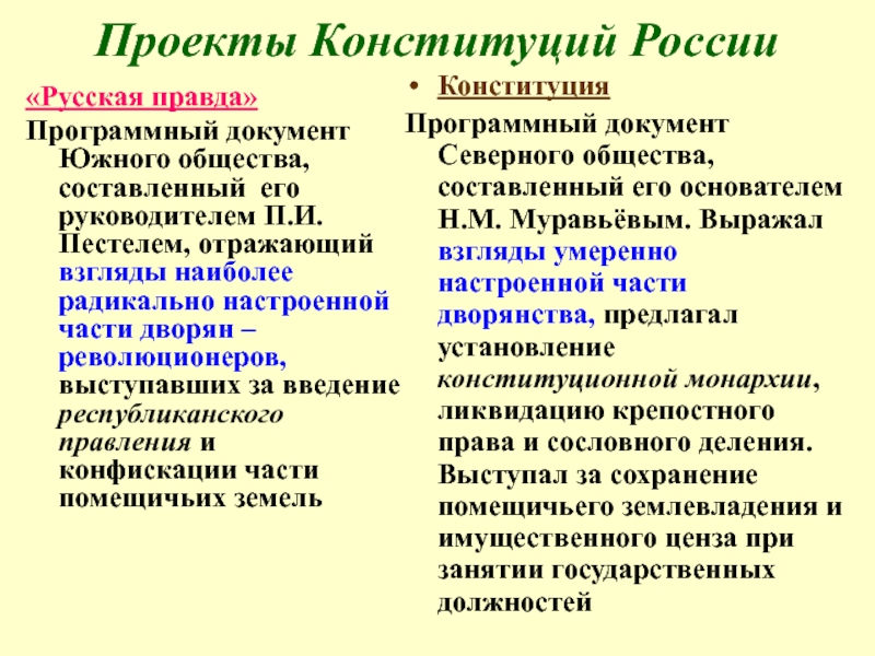 Программным документом южного общества стал проект п и пестеля