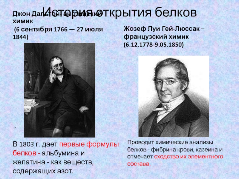 История открытия 5. Джон Дальтон- английский Химик (6 сентября 1766 — 27 июля 1844) .. Жозеф Луи Люссак, Джон Дальтон, Амедео Авогадро. История открытия белков. История открытий.