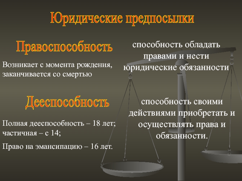 Способность своими действиями приобретать и осуществлять. Дееспособность возникает с момента. Способность приобретать права и обязанности. Право с момента рождения. Способность обладать правами и нести юридические обязанности.