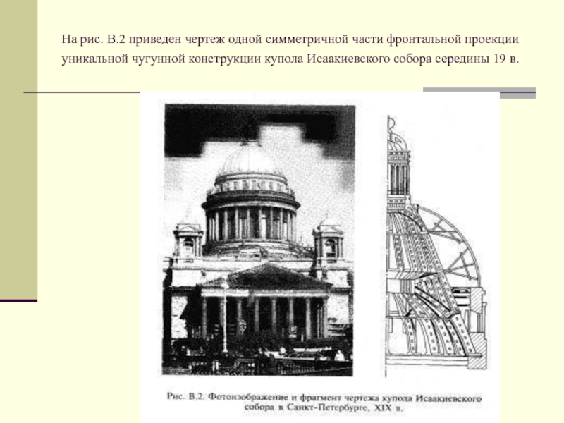 На рис. В.2 приведен чертеж одной симметричной части фронтальной проекции уникальной чугунной конструкции купола Исаакиевского собора середины