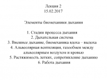 Лекция 2
15.02.2017
Элементы биомеханики дыхания
Стадии процесса