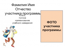 Фамилия Имя Отчество
участника программы
Класс,
полное наименование
учебного