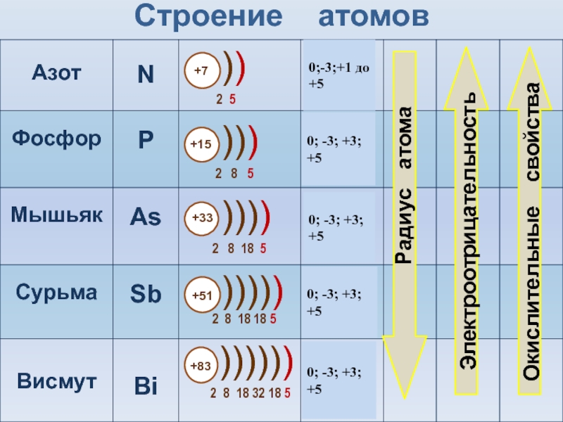 Элементы V группы главной подгруппы Строение атомов0;-3;+1 до +50; -3; +3; +50; -3; +3; +50; -3; +3; +50; -3; +3; +5 Строение атомов0;-3;+1 до +50; -3; +3; +50; -3; +3; +50; -3; +3; +50; -3; +3; +5