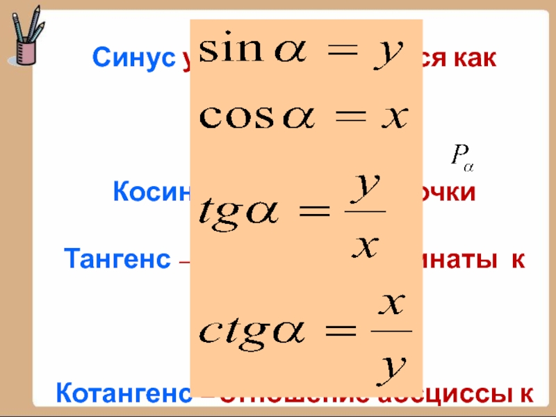 Синус угла ордината. Синус ордината. Абсцисса и ордината синус и косинус. Тангенс и котангенс абсцисса. Косинус это абсцисса.