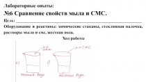 Лабораторные опыты:
№6 Сравнение свойств мыла и СМС.
Цель: