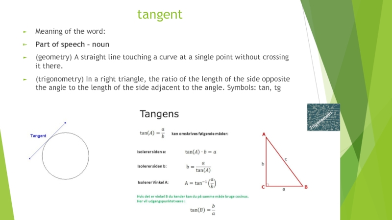 tangent Meaning of the word:Part of speech – noun(geometry) A straight line touching a curve at a