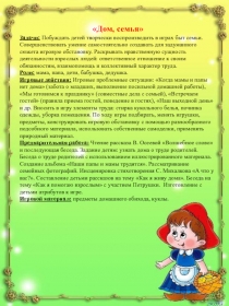 Дом, семья
Задачи: Побуждать детей творчески воспроизводить в играх быт