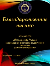 Благодарственное письмо
вручается
Местерекову Никите
за проведение фестиваля