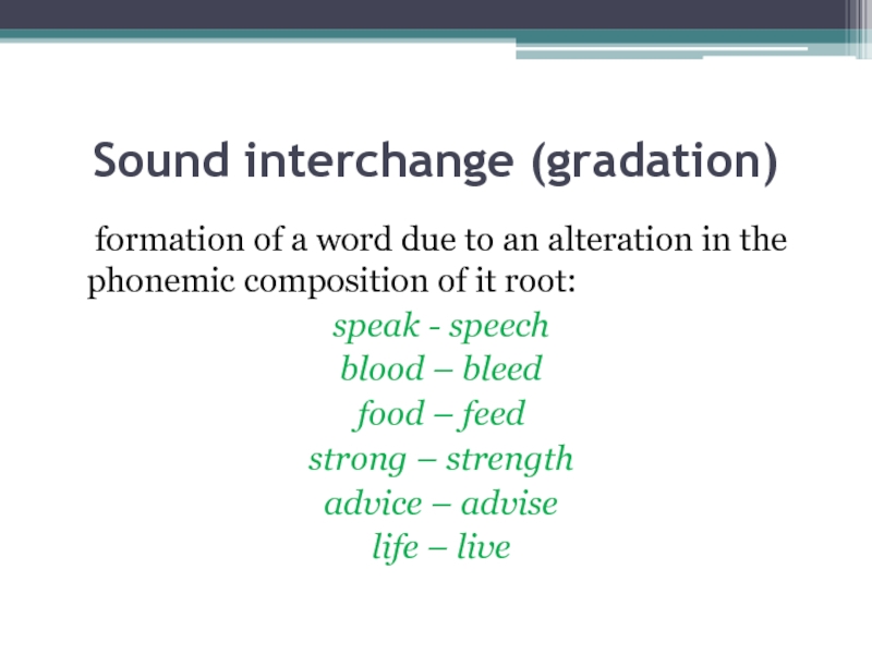 Sound interchange (gradation)	formation of a word due to an alteration in the phonemic composition of it root: