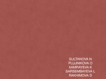 Sultanova n
Plujnikova O
Xamrayeva K
Sarsembayeva L
Rakhimova D