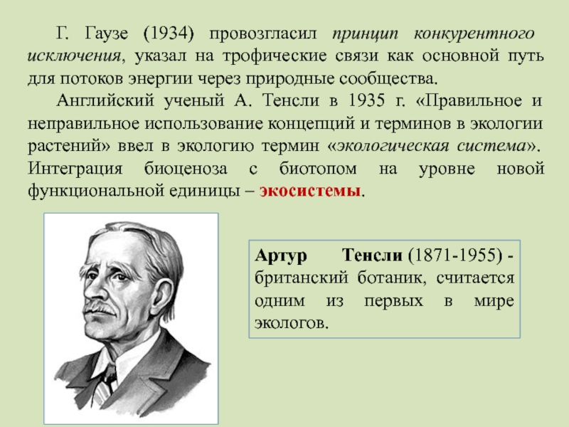 Укажите ученого. Артур Тенсли вклад в экологию. Тенсли ученый. Гаузе 1934. Принцип конкурентного исключения Гаузе.