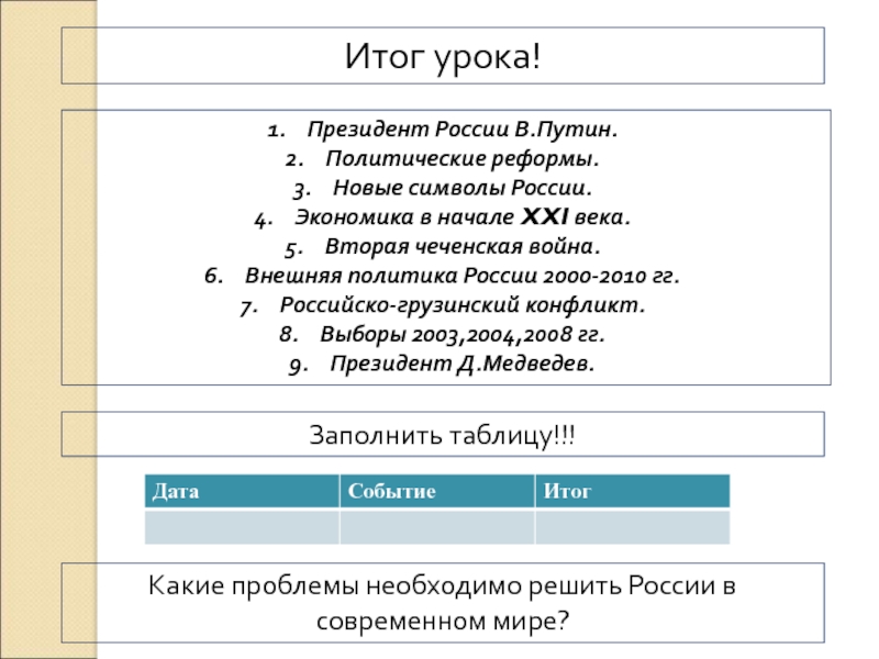 8. Россия в 21 веке Итог урока!Президент России В.Путин.Политические реформы.Новые символы России.Экономика в начале XXI века.Вторая Итог урока!Президент России В.Путин.Политические реформы.Новые символы России.Экономика в начале XXI века.Вторая чеченская война.Внешняя политика России 2000-2010 гг.Российско-грузинский