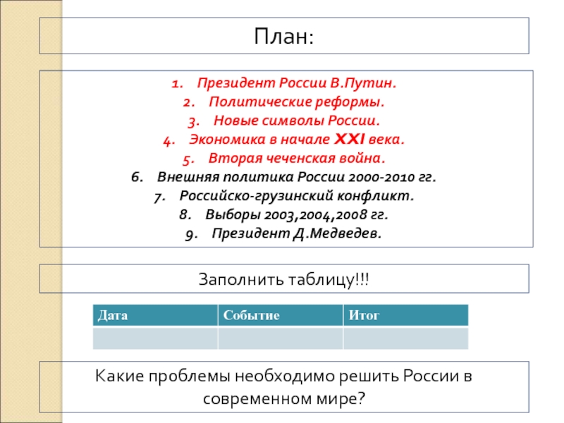 8. Россия в 21 веке План:Президент России В.Путин.Политические реформы.Новые символы России.Экономика в начале XXI века.Вторая чеченская План:Президент России В.Путин.Политические реформы.Новые символы России.Экономика в начале XXI века.Вторая чеченская война.Внешняя политика России 2000-2010 гг.Российско-грузинский конфликт.Выборы