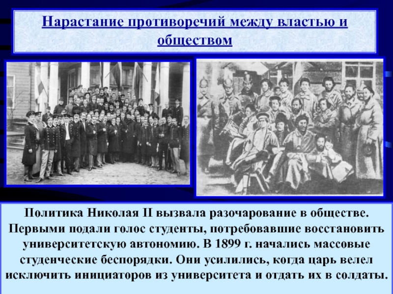 Противоречия в начале xx века. Противоречия между властью и обществом. Студенческие беспорядки 1899 года. Нарастание противоречий между властью и обществом. Массовые студенческие беспорядки.