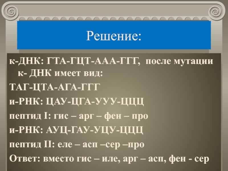 Решение:к-ДНК: ГТА-ГЦТ-ААА-ГГГ, после мутации к- ДНК имеет вид:ТАГ-ЦТА-АГА-ГГГи-РНК: ЦАУ-ЦГА-УУУ-ЦЦЦпептид I: гис – арг – фен – прои-РНК: