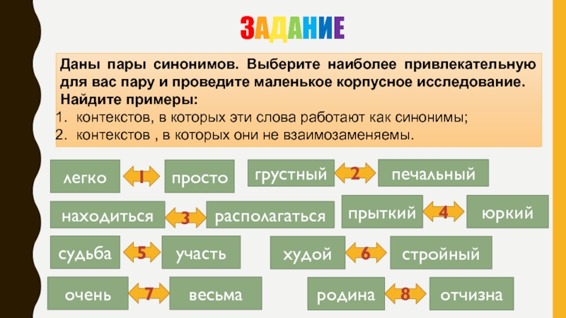 Между языком и компьютером заданиеДаны пары синонимов. Выберите наиболее привлекательную для вас пару и проведите заданиеДаны пары синонимов. Выберите наиболее привлекательную для вас пару и проведите маленькое корпусное исследование. Найдите примеры:контекстов, в