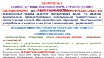 ЗАНЯТИЕ № 3.
СУЩНОСТЬ И ВИДЫ ЯЗЫКОВЫХ НОРМ. ОРФОЭПИЧЕСКИЕ И ЛЕКСИЧЕСКИЕ