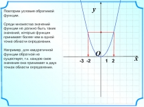 O
x
y
-3 -2 1 2
Повторим условие обратимой функции.
Среди множества значений