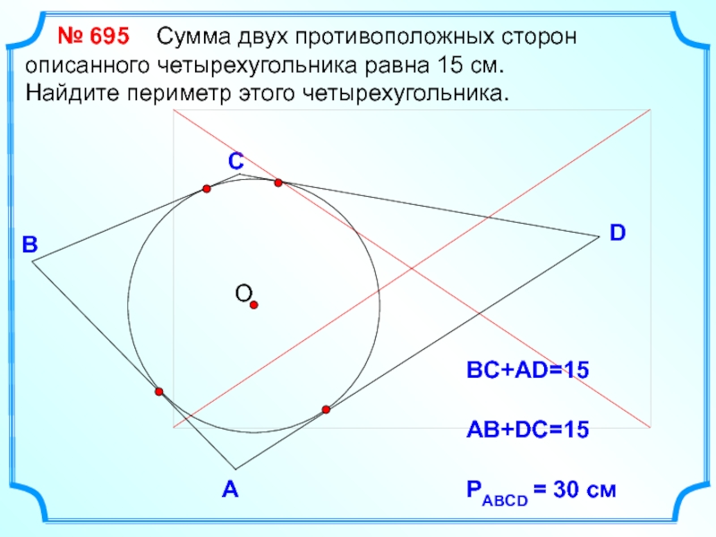 В любом описанном четырехугольнике суммы противоположных сторон равны рисунок