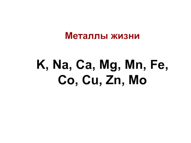 Металлы жизни  K, Na, Ca, Mg, Mn, Fe,      Co, Cu, Zn,