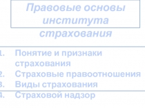 Правовые основы
института страхования
Понятие и признаки страхования
Страховые