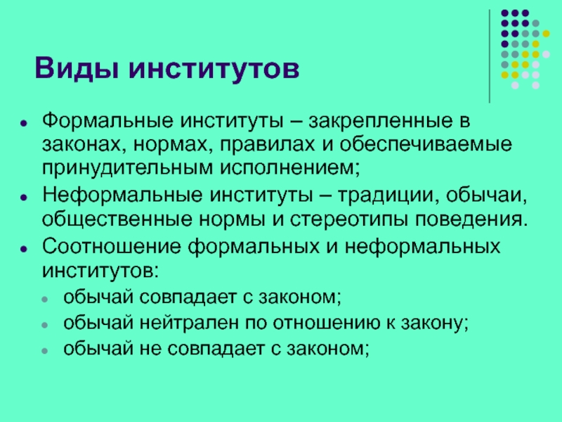 Виды институтов. Традиции института. Соотношение формальных и неформальных правил. Обычаи Формальные или неформальные. Обычай не совпадает с законом.