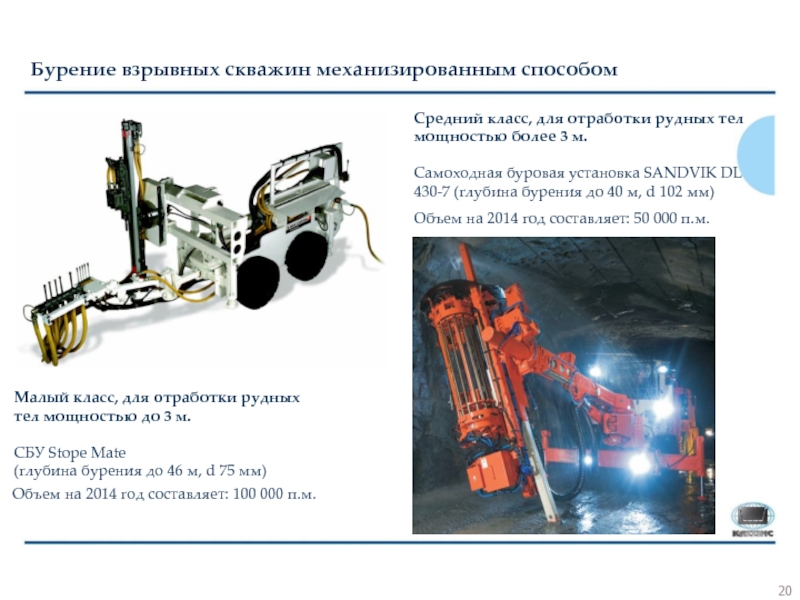 Риддер-Сокольный рудник Малый класс, для отработки рудных тел мощностью до 3 м.СБУ Stope Малый класс, для отработки рудных тел мощностью до 3 м.СБУ Stope Mate (глубина бурения до 46 м,