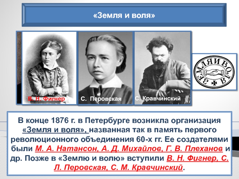 Фигнер желябов революционное народничество. Фигнер земля и Воля. Земля и Воля. Перовская земля и Воля. Земля и Воля основатели.