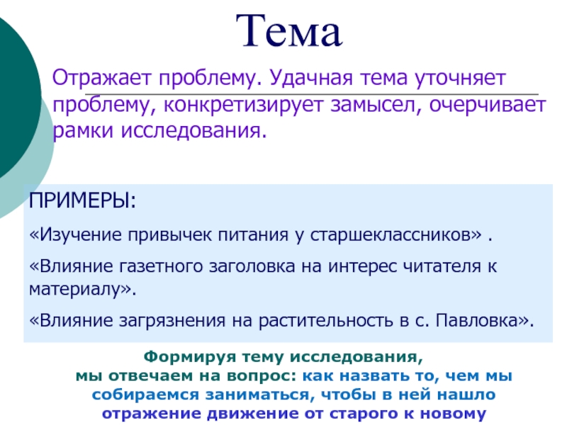 Проблема и тема исследования. Выбор темы и уточнение названия. Конкретизирующие вопросы. Двумерное уточнение проблемы. Отражает проблему.