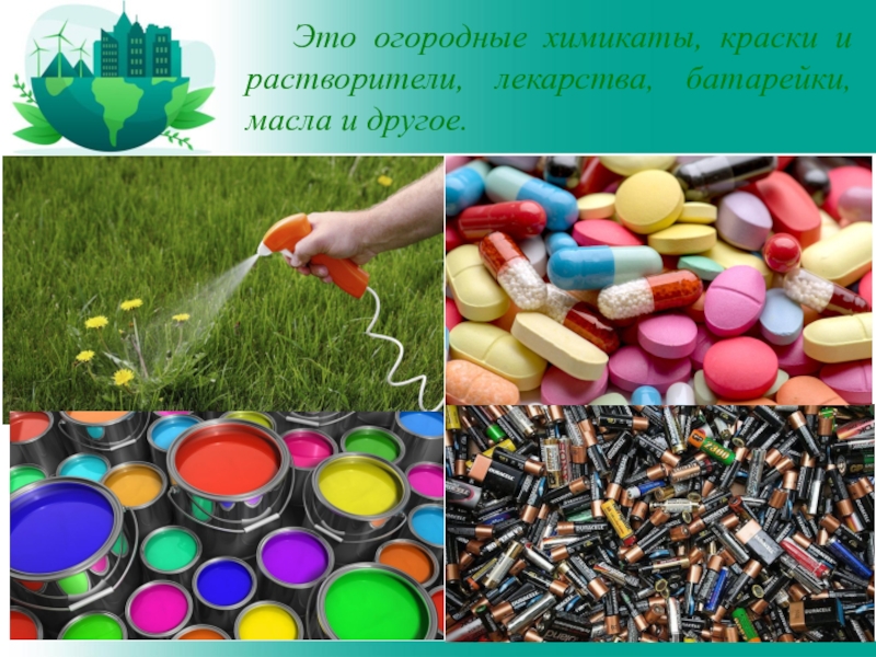 Это огородные химикаты, краски и растворители, лекарства, батарейки, масла и другое.
