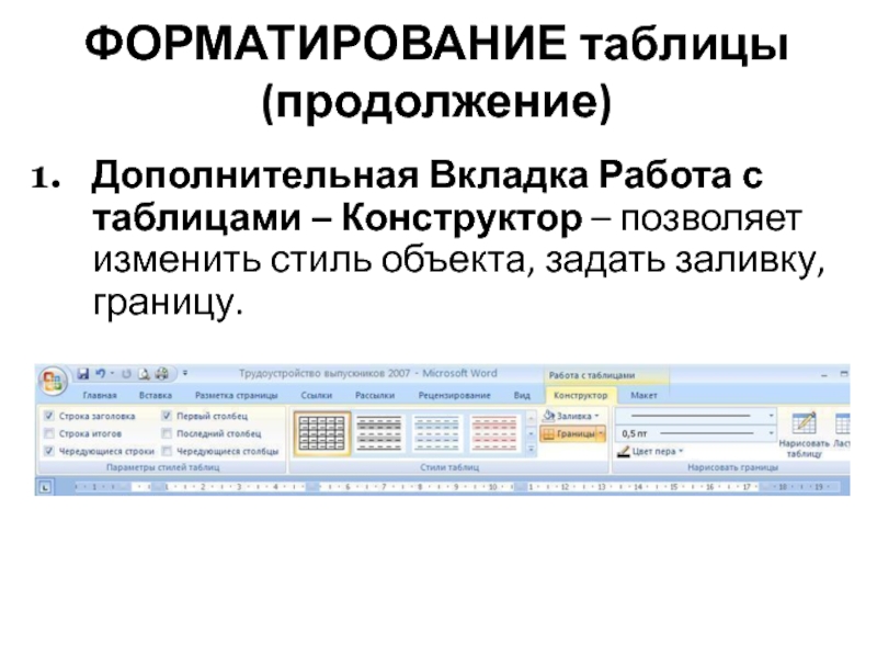 Задать объект. Форматирование таблицы. Способы форматирования таблиц. Вкладка работа с таблицами. Форматирование таблиц в Word.