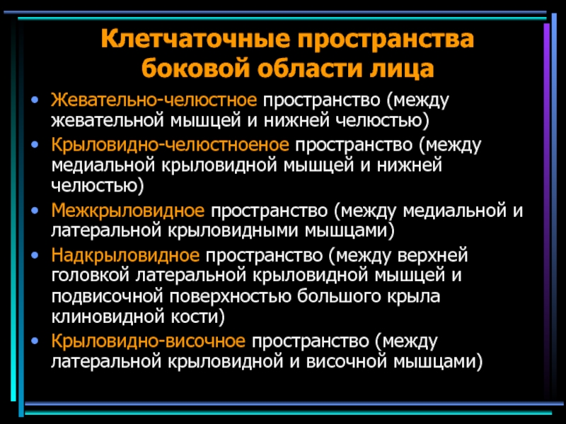 Пространство содержит. Клетчаточные пространства глубокой области лица. Клетчаточные пространства боковой области лица. Глубокие клетчаточные пространства. Клетчатое пространство лица.